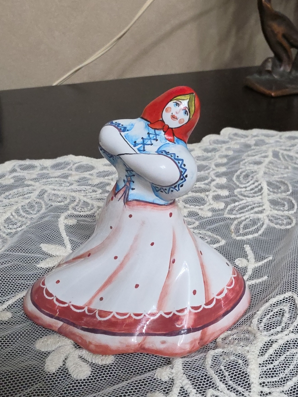 vintage Soviet ceramic figurine Matryoshka Figurine Bell - White & Red USSR